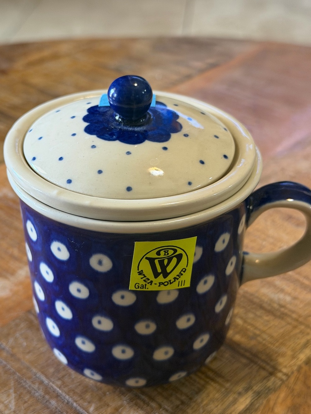 Wiza Boleslawiec Polish Pottery Tea Infuser Mug With Lid Cobalt Blue Gat III